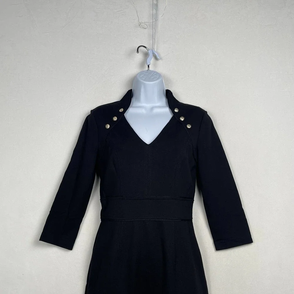 Ponte Knit White House Black Market Black Dress, Military Goldtone Buttons, Sz 2 - Picture 4 of 16